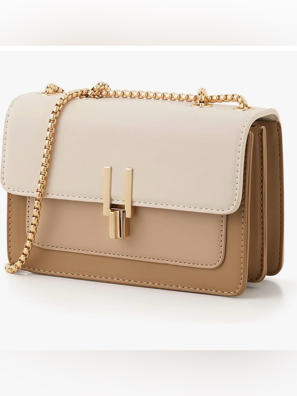 Chic Two-Tone Cream and Tan Crossbody Bag with Gold Chain